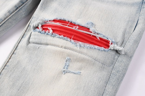 Amiri jeans light gray and red with diressing (Copy)