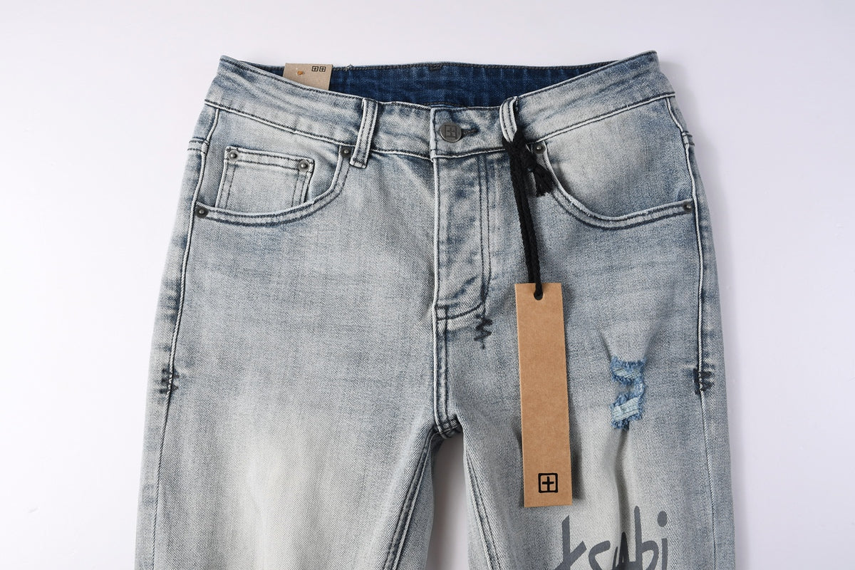 KSUBI denim light blue distressed skinny jeans with writing