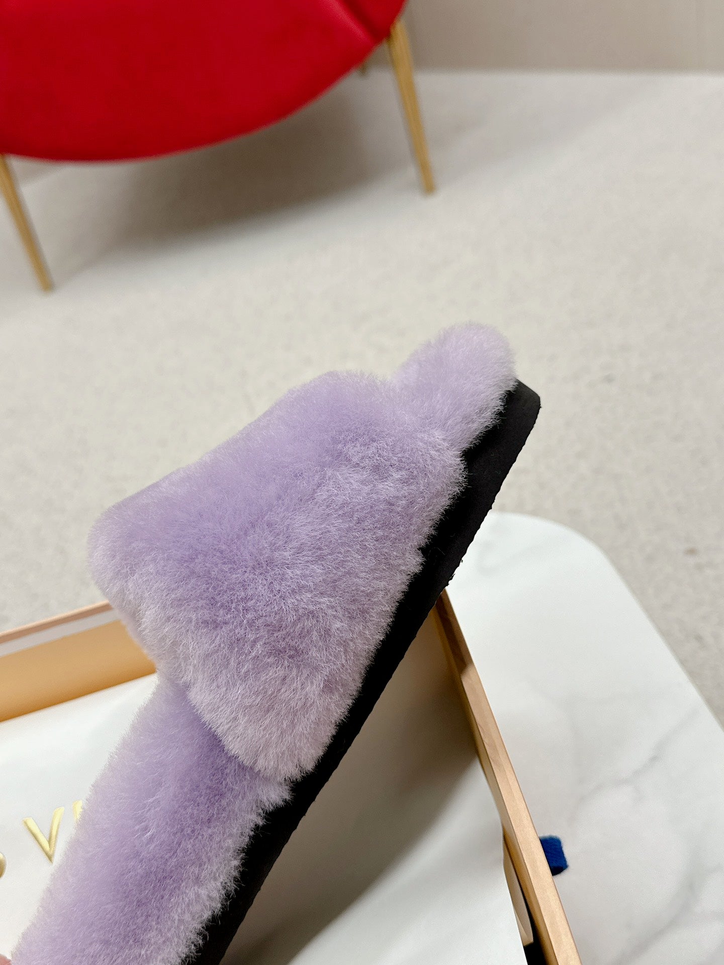 Purple Louis vitton fur slides