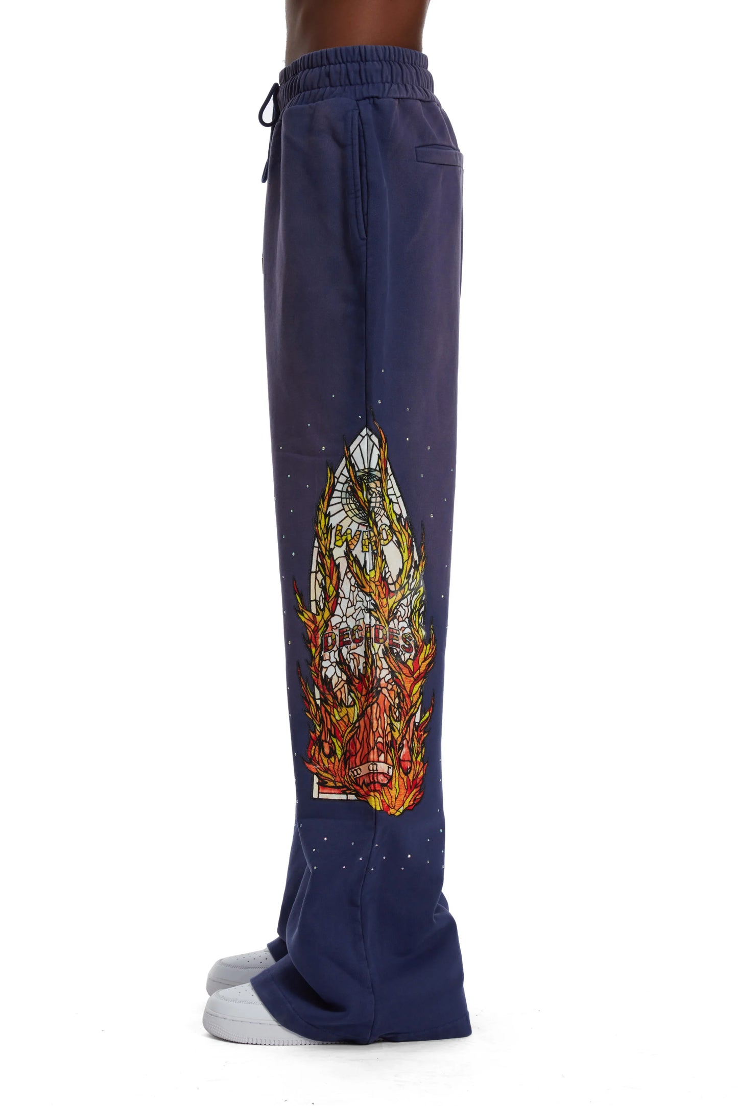 WHO DECIDES WAR pruple  flame glass sweatpants