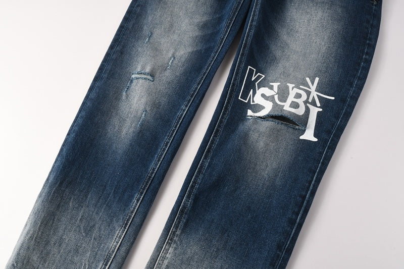 KSUBI denim dark blue lightly  distressed skinny jeans with white writing