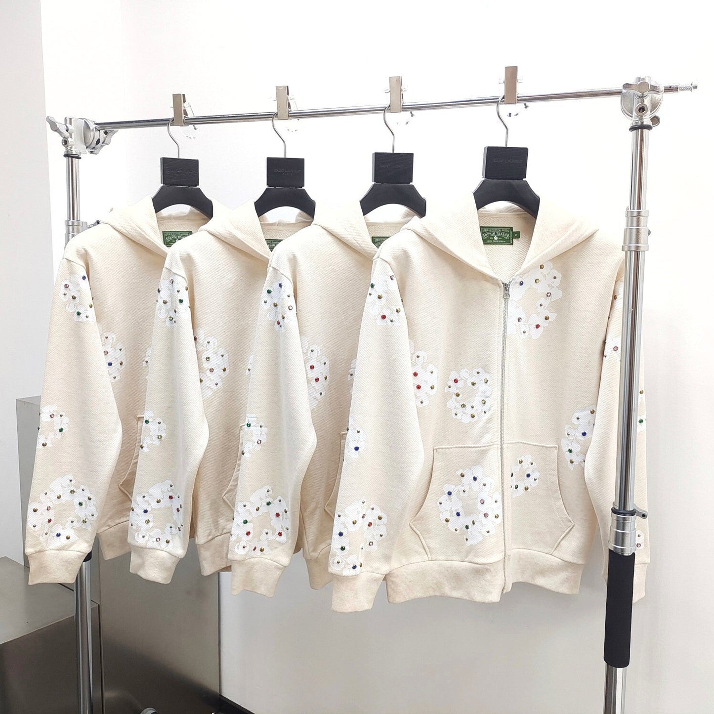 Denim Tears Rhinestone Cotton Wreath Zip Hoodie cream