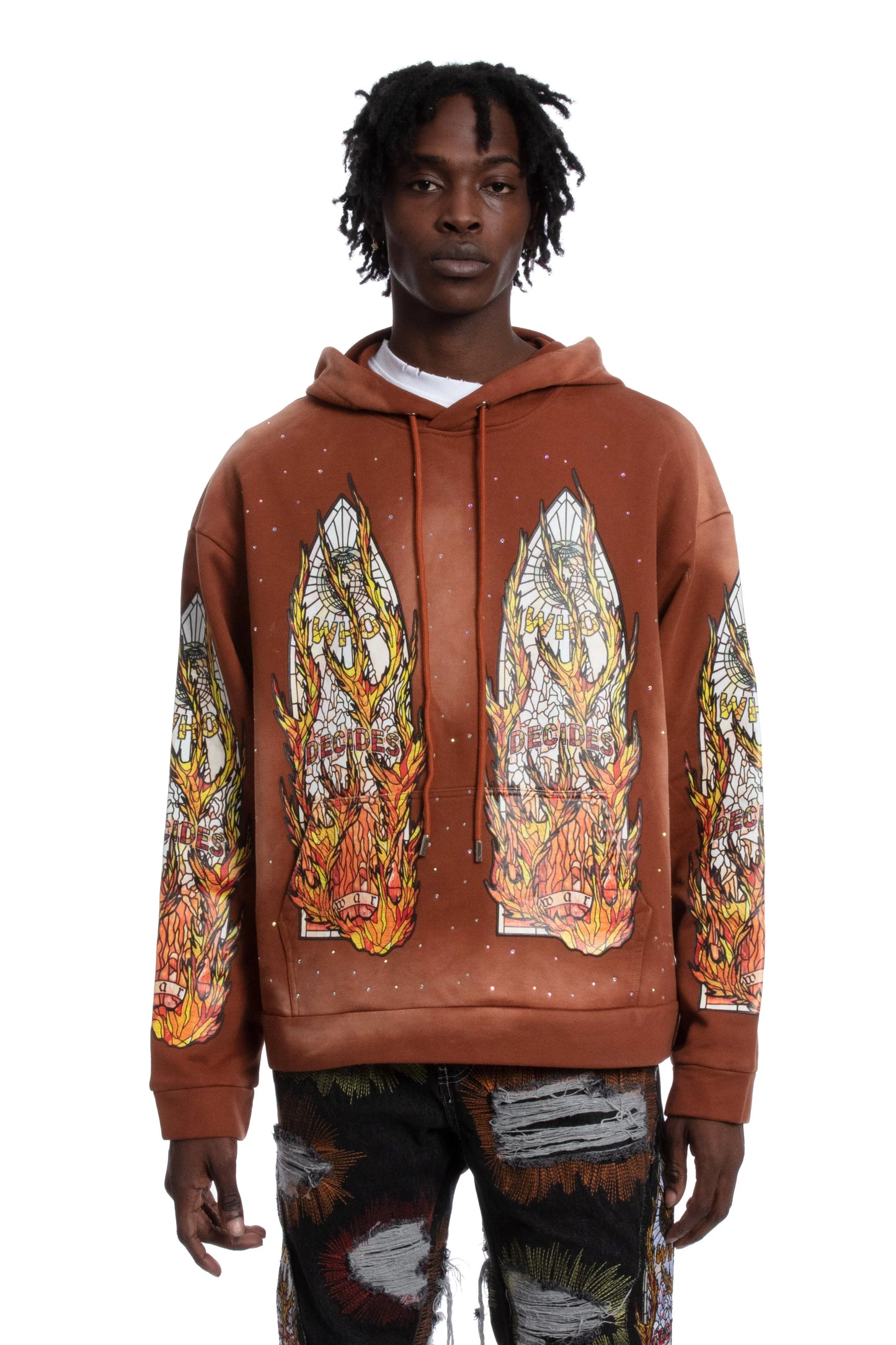 WHO DECIDES WAR orange  flame glass hoodie