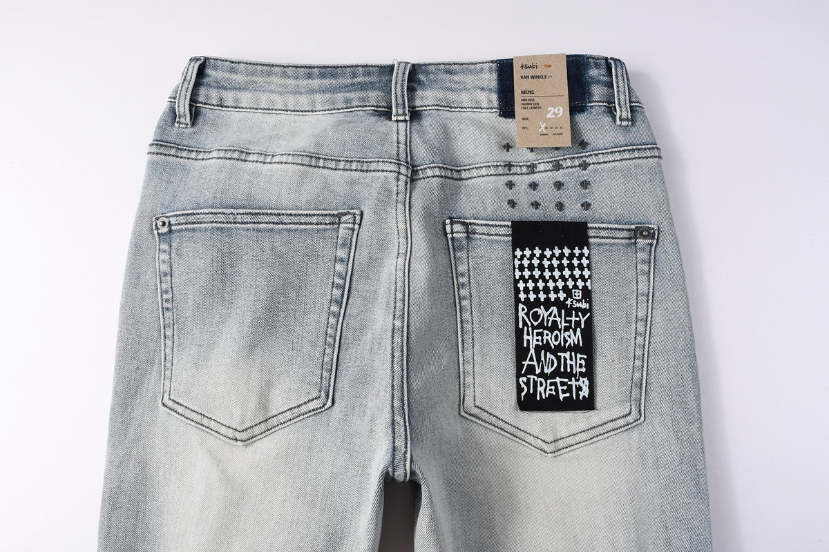 KSUBI denim light blue distressed skinny jeans with writing