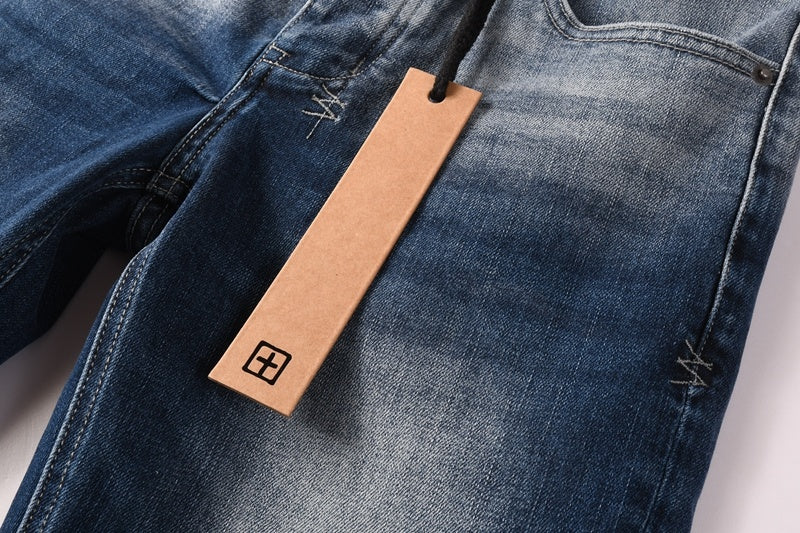 KSUBI denim dark blue lightly  distressed skinny jeans with white writing