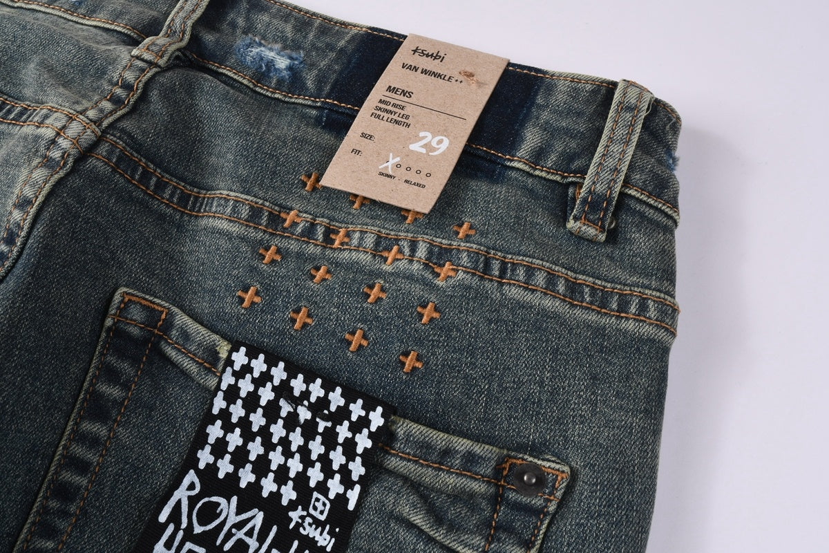 KSUBI denim dark blue ish brown  distressed skinny jeans