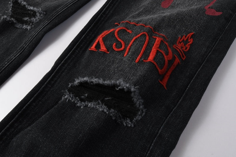 KSUBI denim black distressed skinny jeans red embroidered/screen print  writing