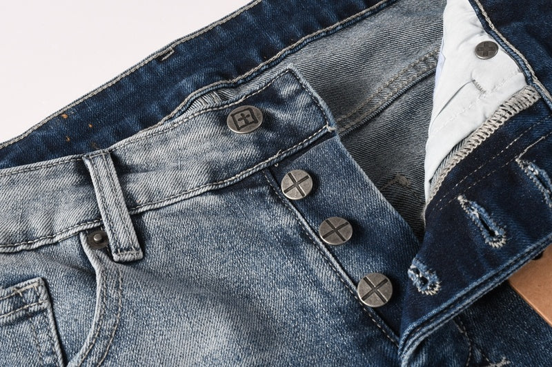 KSUBI denim dark blue lightly  distressed skinny jeans with white writing