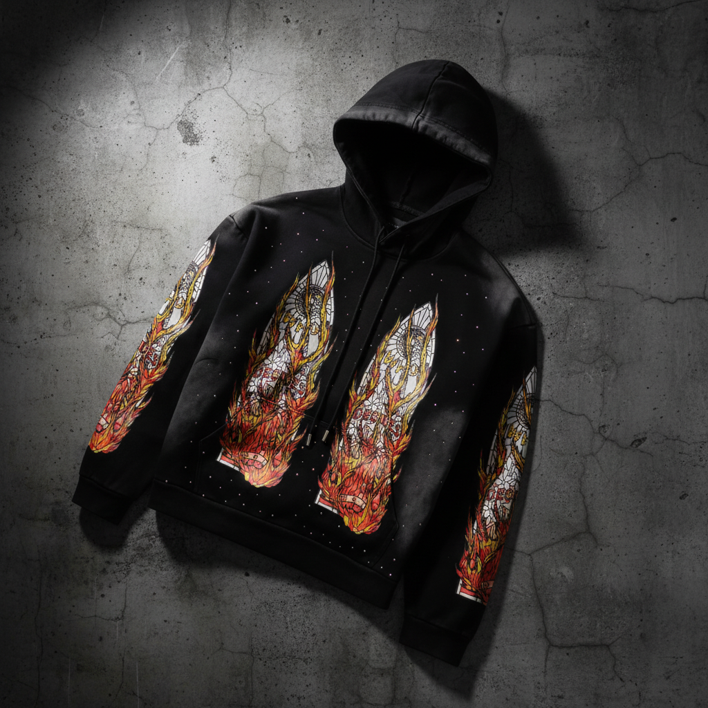 WHO DECIDES WAR black flame glass hoodie