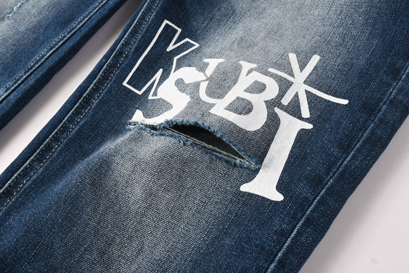 KSUBI denim dark blue lightly  distressed skinny jeans with white writing