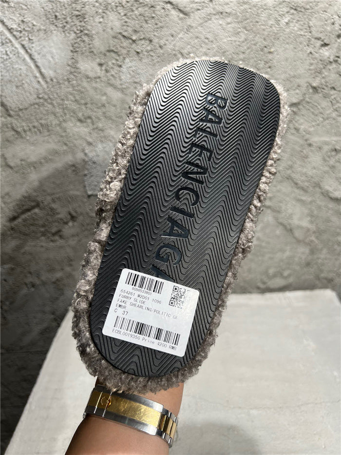 Balenciaga black furry slides gray