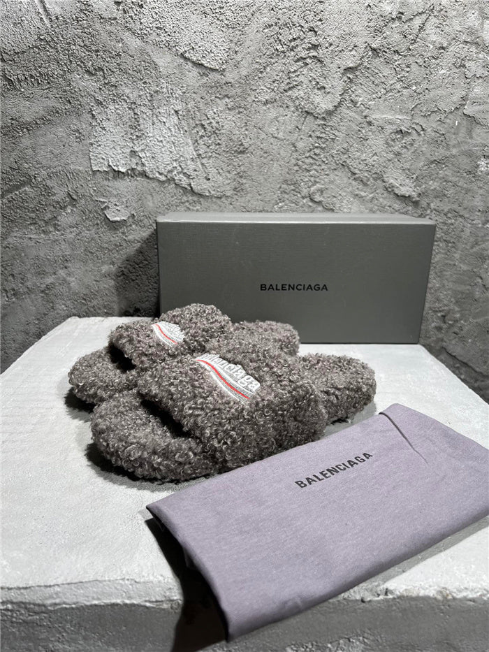 Balenciaga black furry slides gray