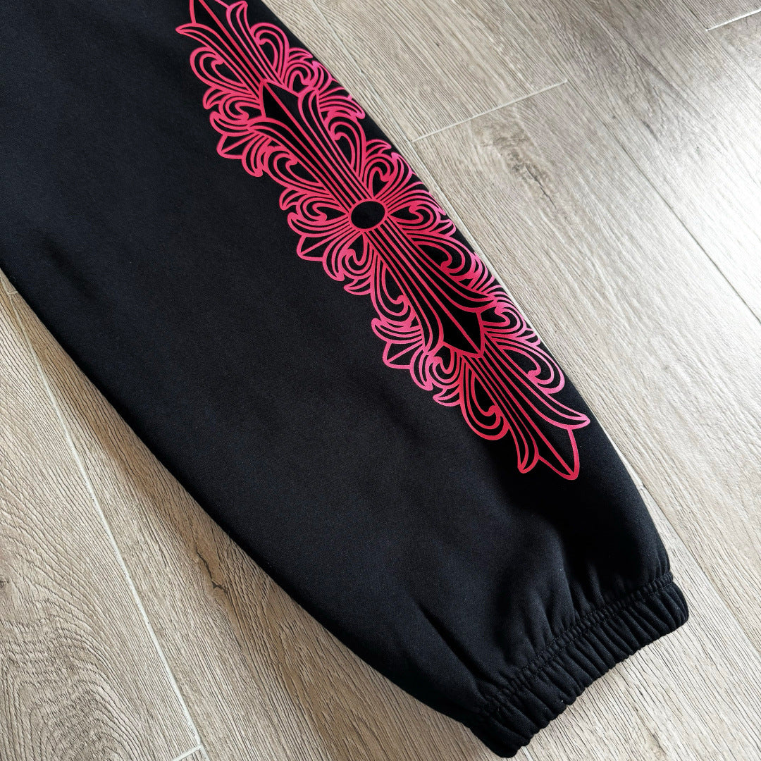 Black and pink chrome hearts sweatpants flared
