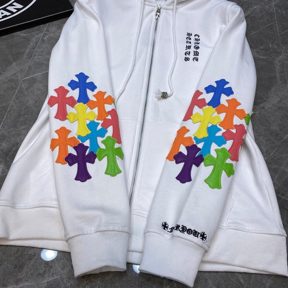 White chrome hearts jacket with colorful crosses