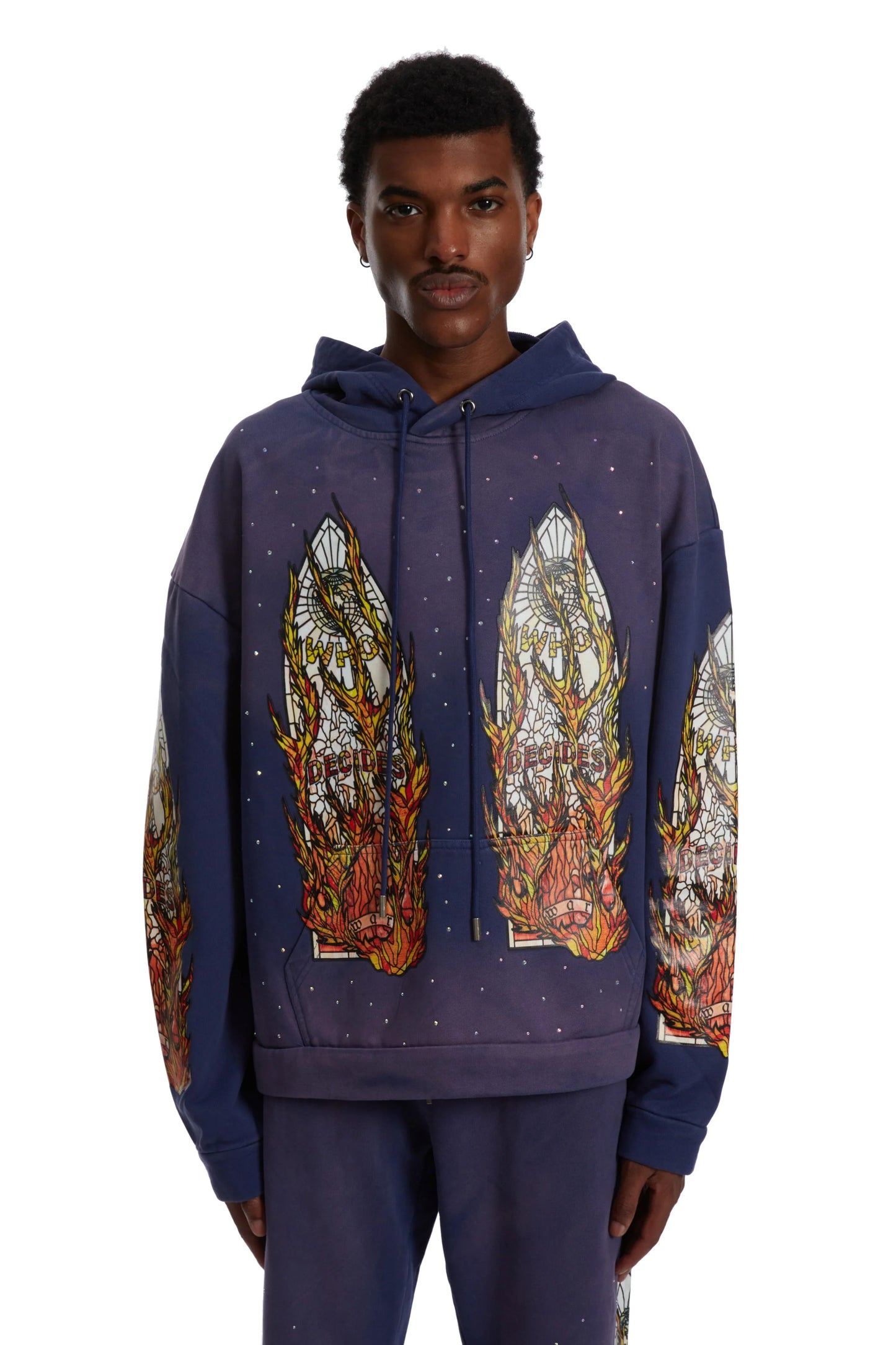 WHO DECIDES WAR pruple  flame glass hoodie