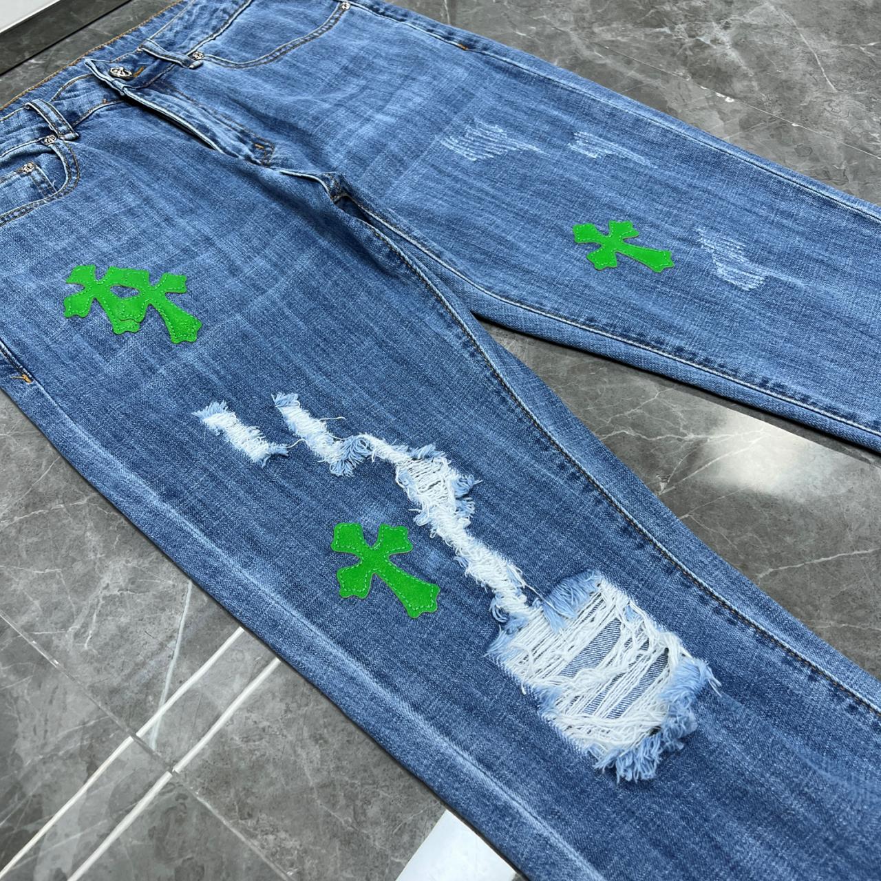Chrome Hearts X Levi's Green Leather Patch 550 Made in USA Frayed Bottom Jeans