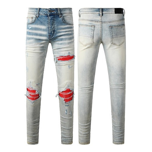 Amiri jeans light gray and red  with diressing (Copy)