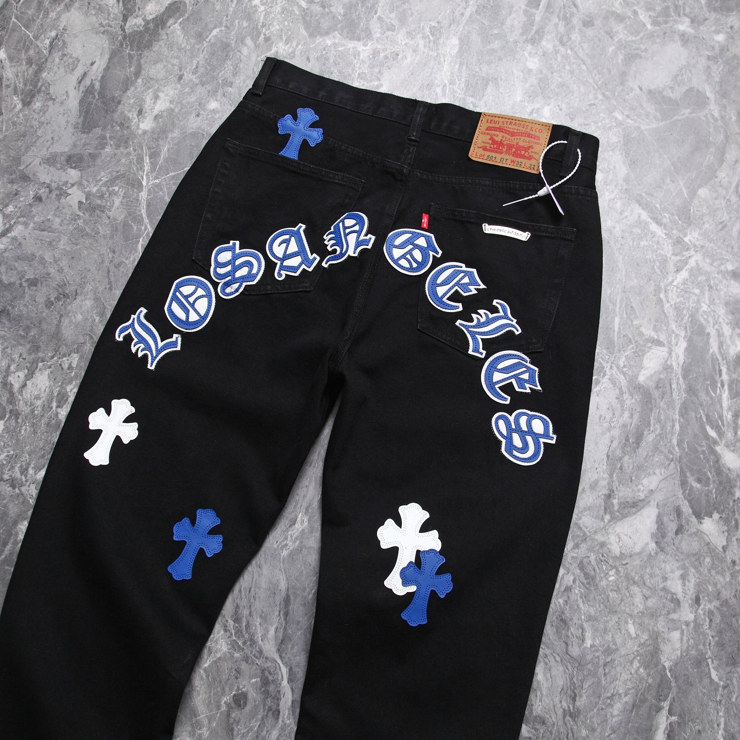 Chrome hearts WHITE BLUE CROSS PATCH CARPENTER PANTS