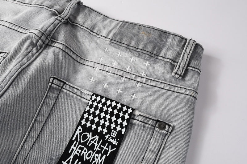 KSUBI denim light gray distressed skinny jeans