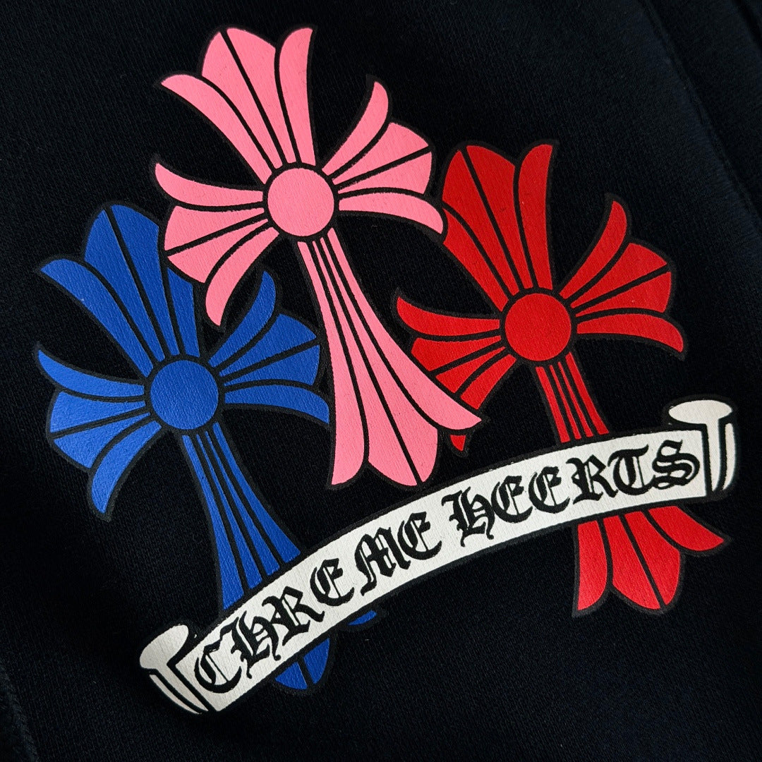 Black chrome hearts sweatpants with colorful crosses