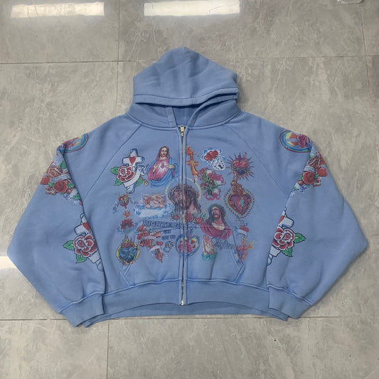 Righteous Risen King Zip Up Hoodie light blue