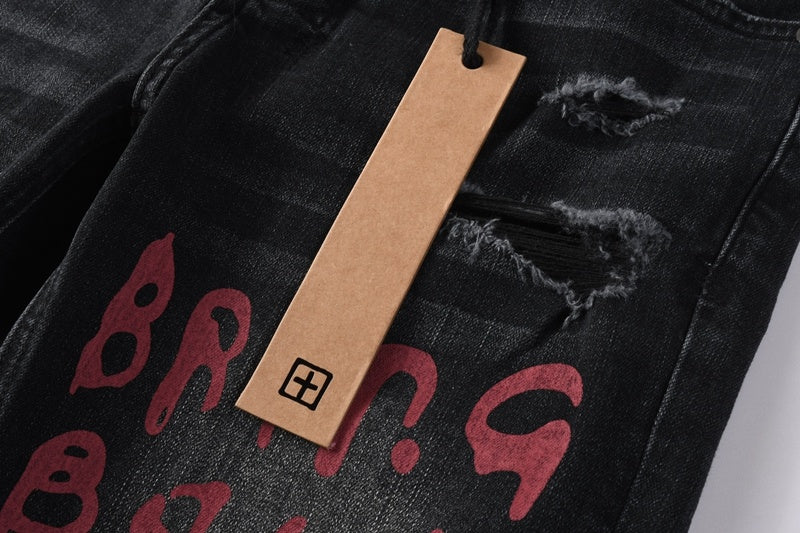 KSUBI denim black distressed skinny jeans red embroidered/screen print  writing