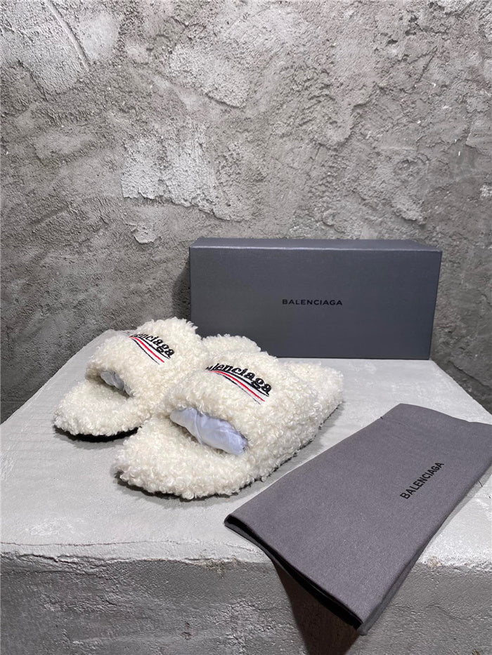 Balenciaga black furry slides white