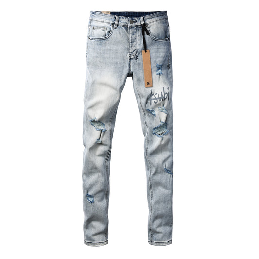 KSUBI denim light blue distressed skinny jeans with writing