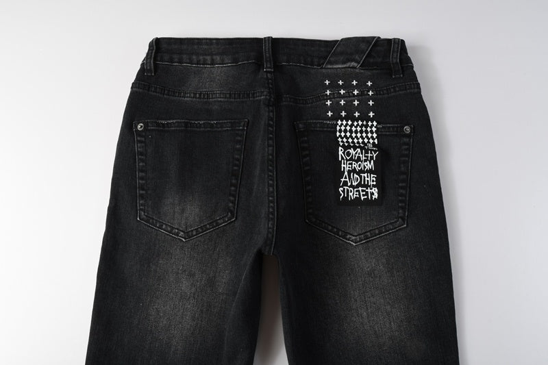 KSUBI denim black distressed skinny jeans red embroidered/screen print  writing