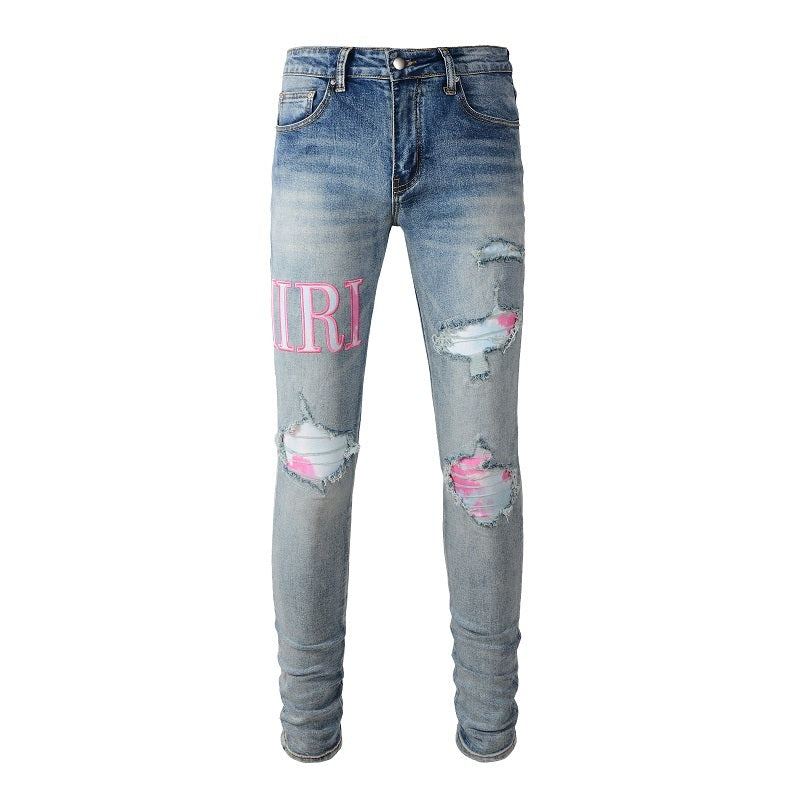 Amiri jeans blue denim with pink amiri patch