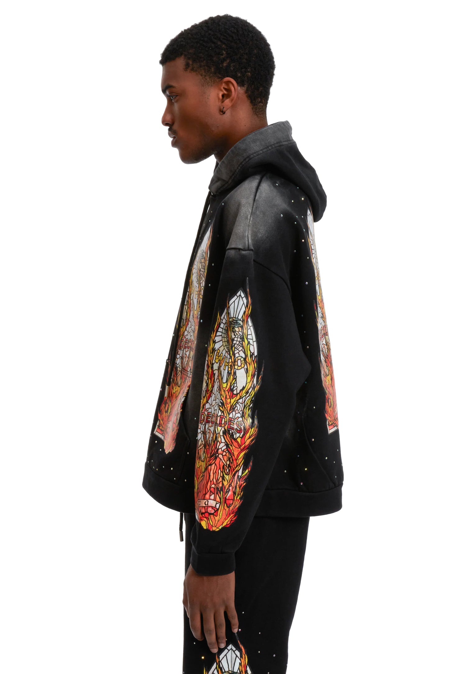 WHO DECIDES WAR black flame glass hoodie