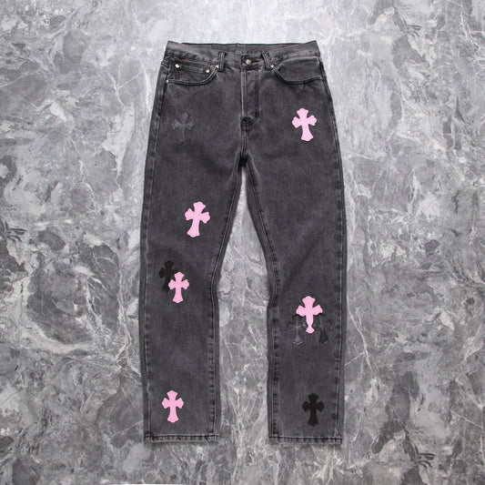 Chrome hearts pink cross patch jeans