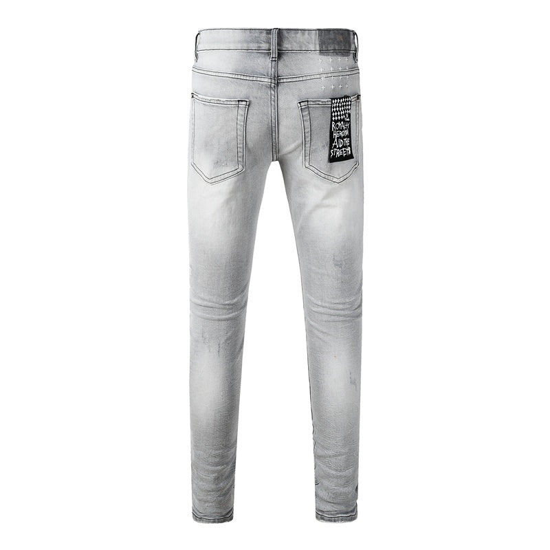 KSUBI denim light gray distressed skinny jeans