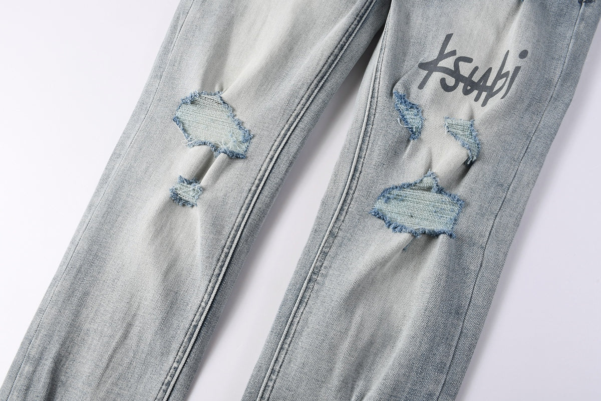 KSUBI denim light blue distressed skinny jeans with writing