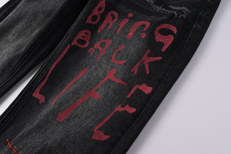 KSUBI denim black distressed skinny jeans red embroidered/screen print  writing