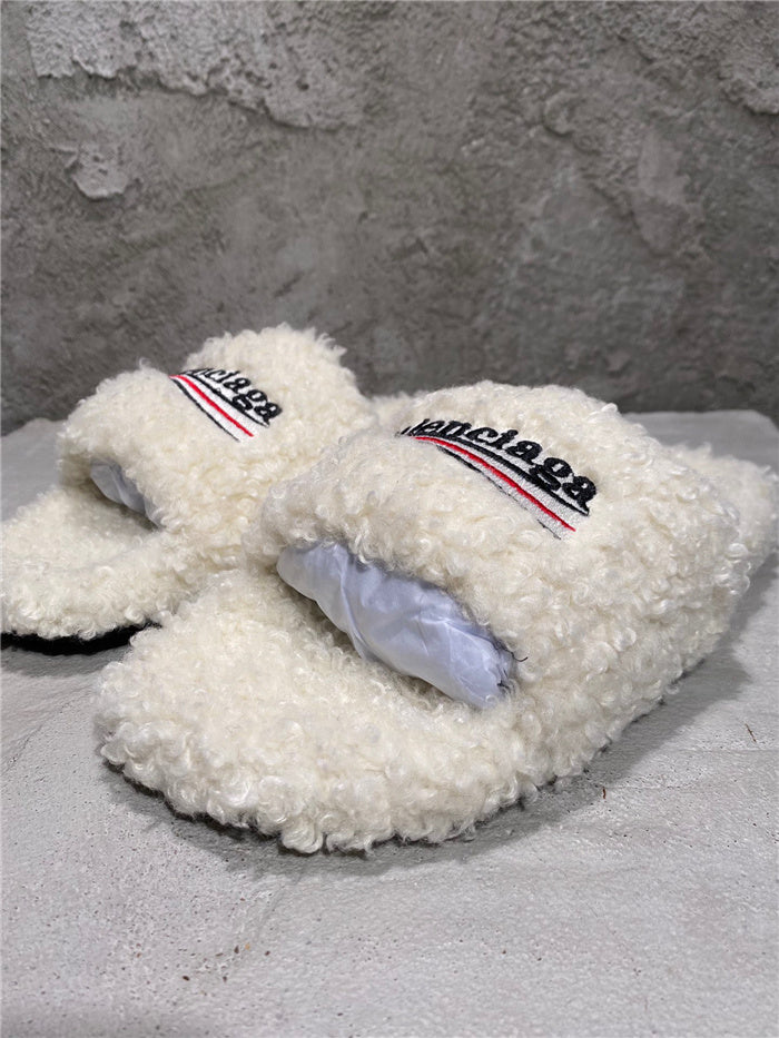Balenciaga black furry slides white