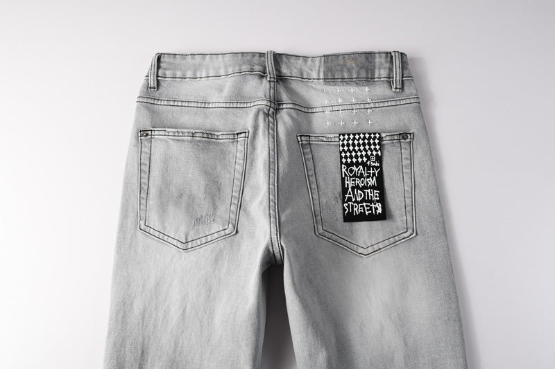 KSUBI denim light gray distressed skinny jeans