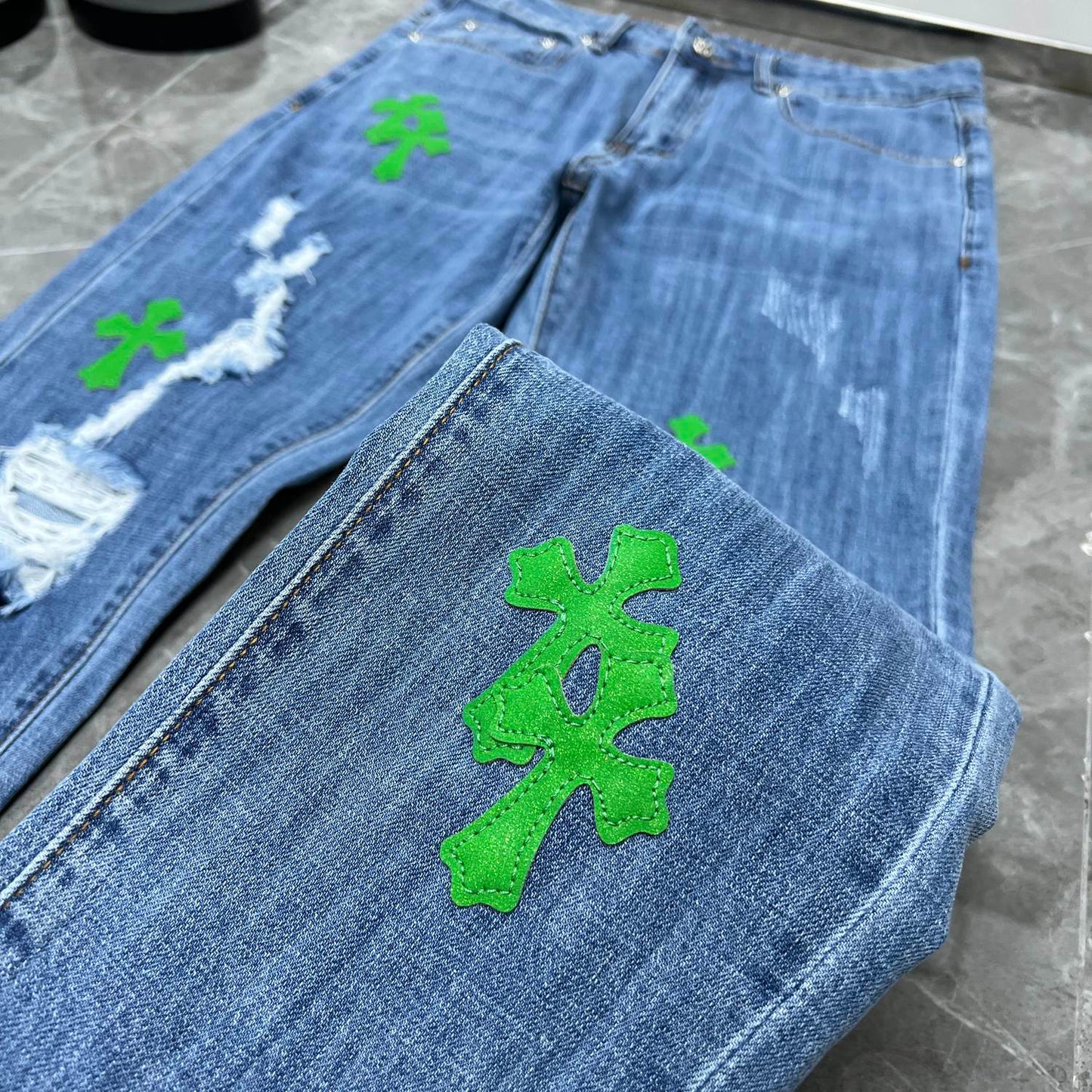 Chrome Hearts X Levi's Green Leather Patch 550 Made in USA Frayed Bottom Jeans