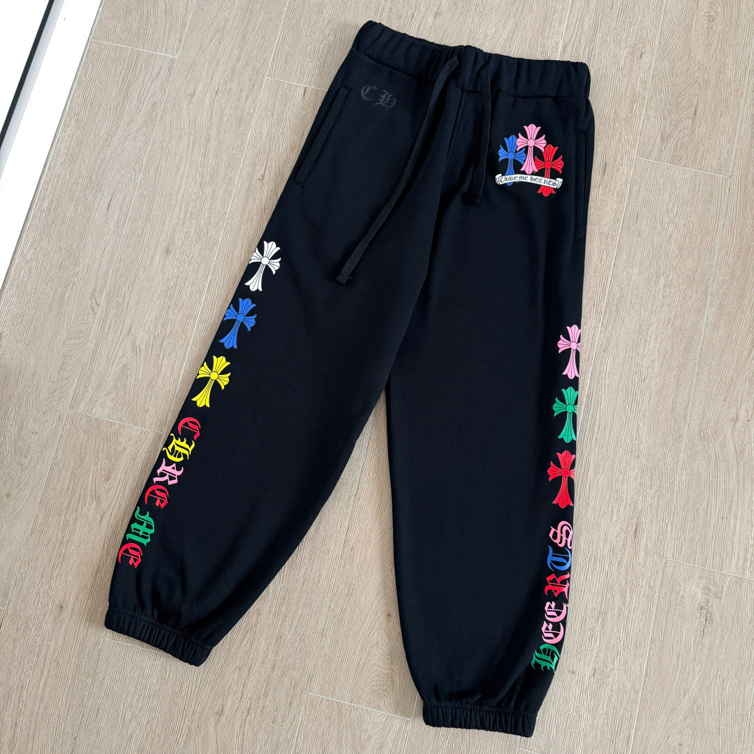 Black chrome hearts sweatpants with colorful crosses