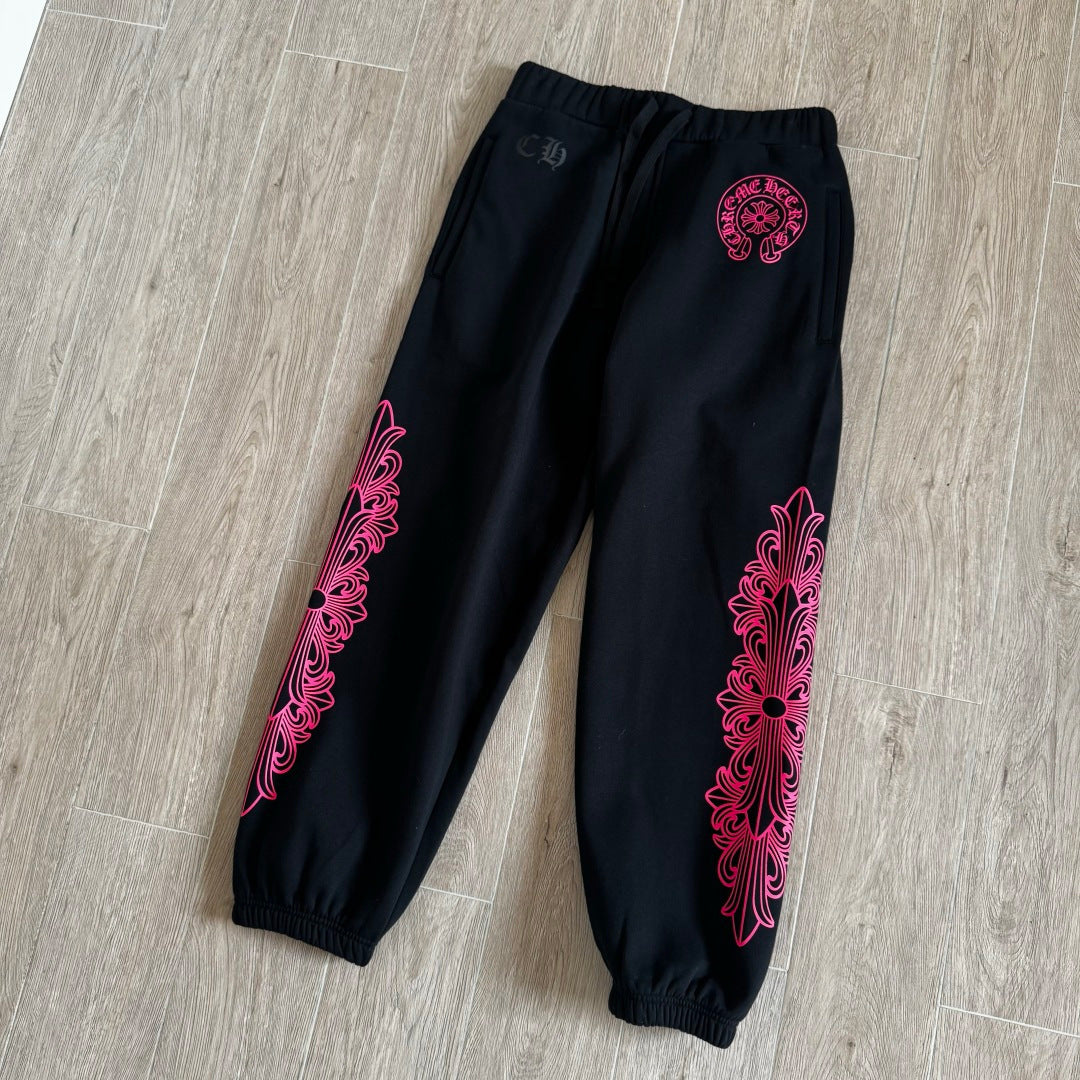 Black and pink chrome hearts sweatpants flared