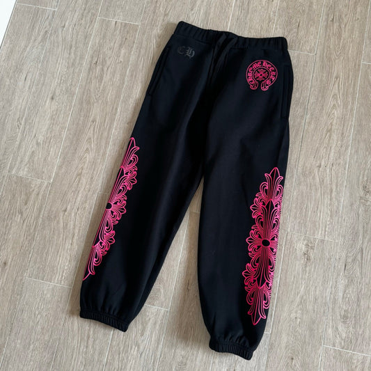 Black and pink chrome hearts sweatpants flared