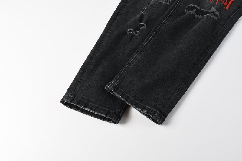 KSUBI denim black distressed skinny jeans red embroidered/screen print  writing