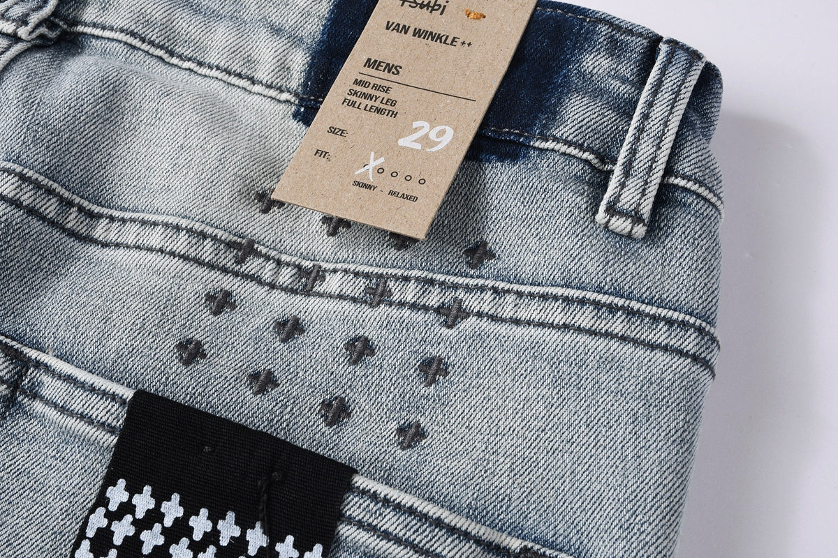 KSUBI denim light blue distressed skinny jeans with writing
