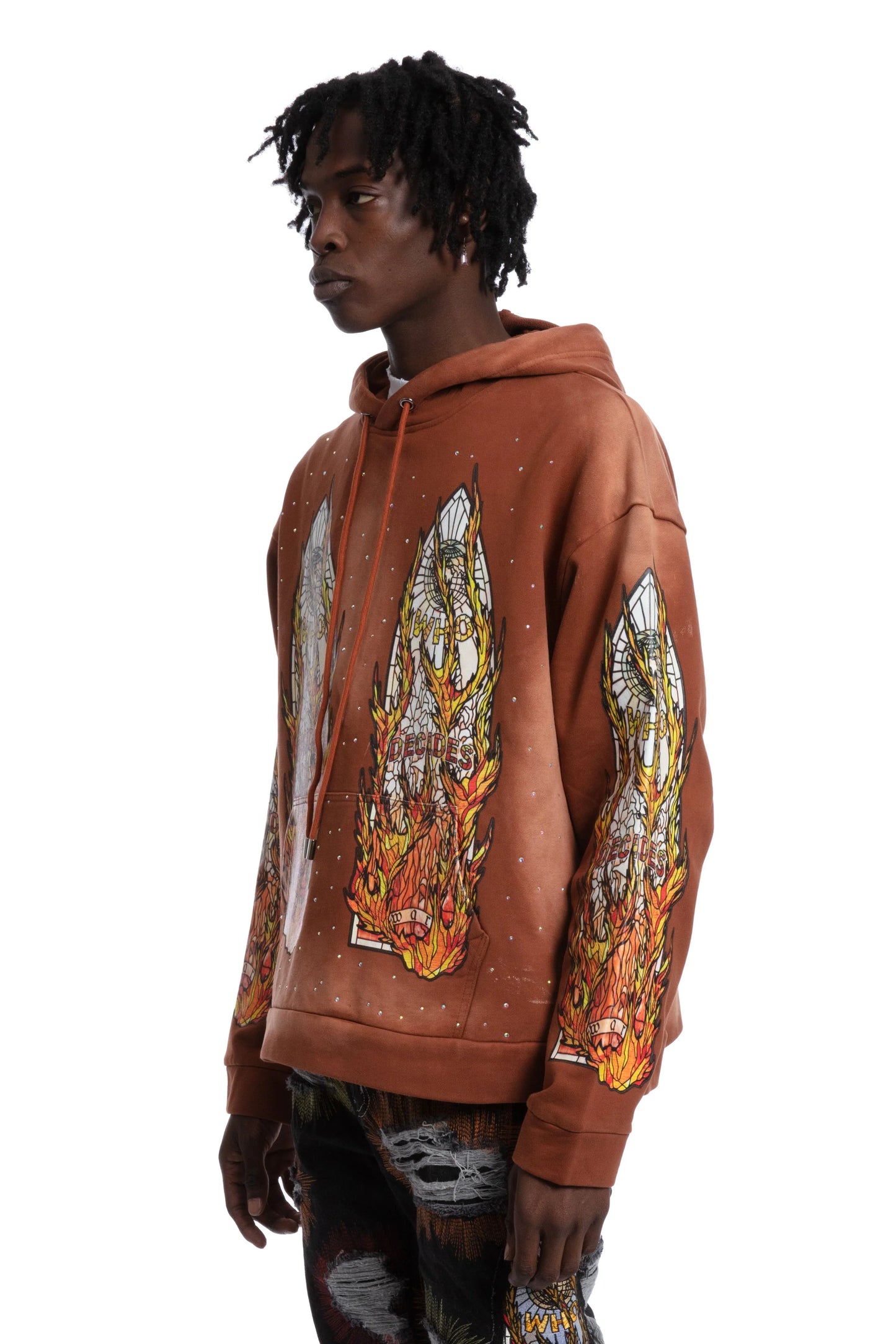 WHO DECIDES WAR orange  flame glass hoodie