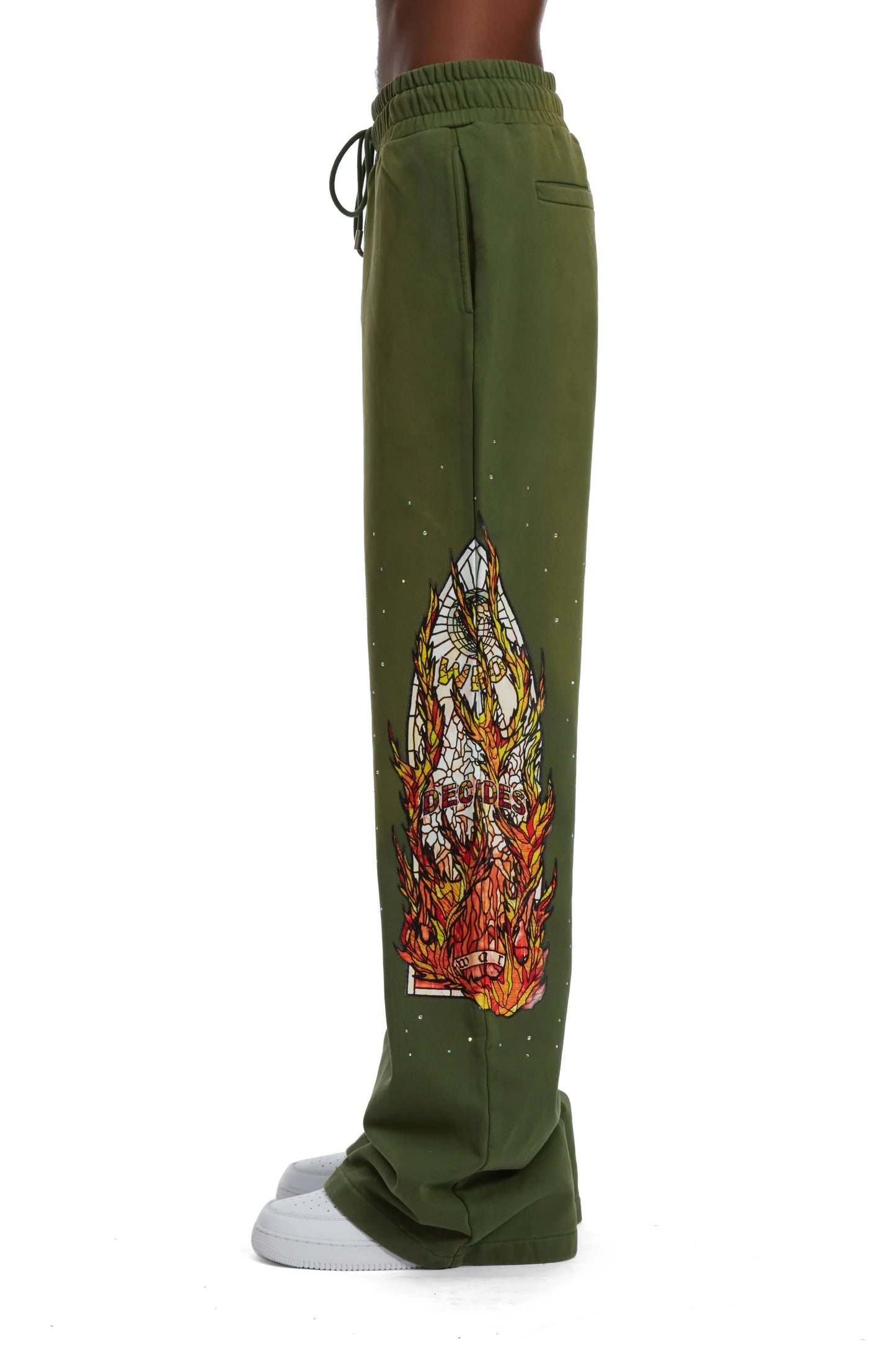 WHO DECIDES WAR green flame glass sweatpants