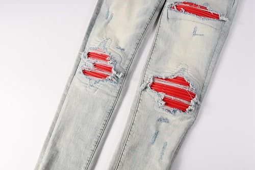 Amiri jeans light gray and red  with diressing (Copy)