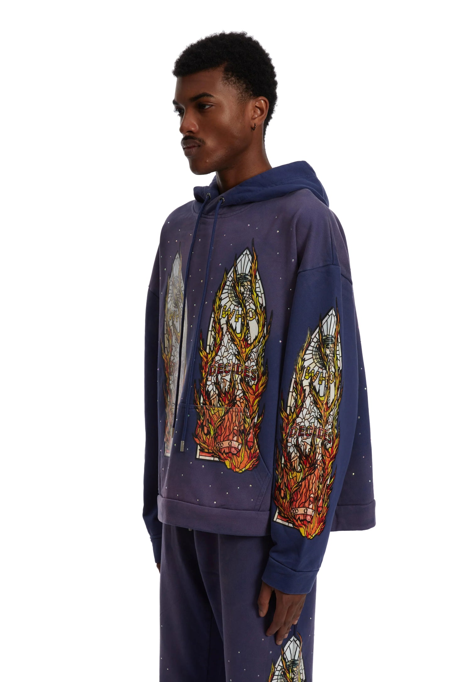 WHO DECIDES WAR pruple  flame glass hoodie