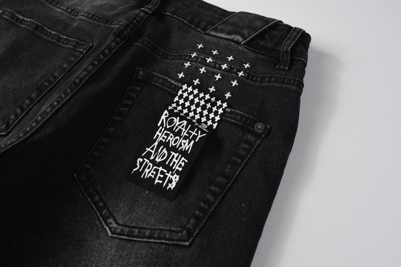 KSUBI denim black distressed skinny jeans red embroidered/screen print  writing