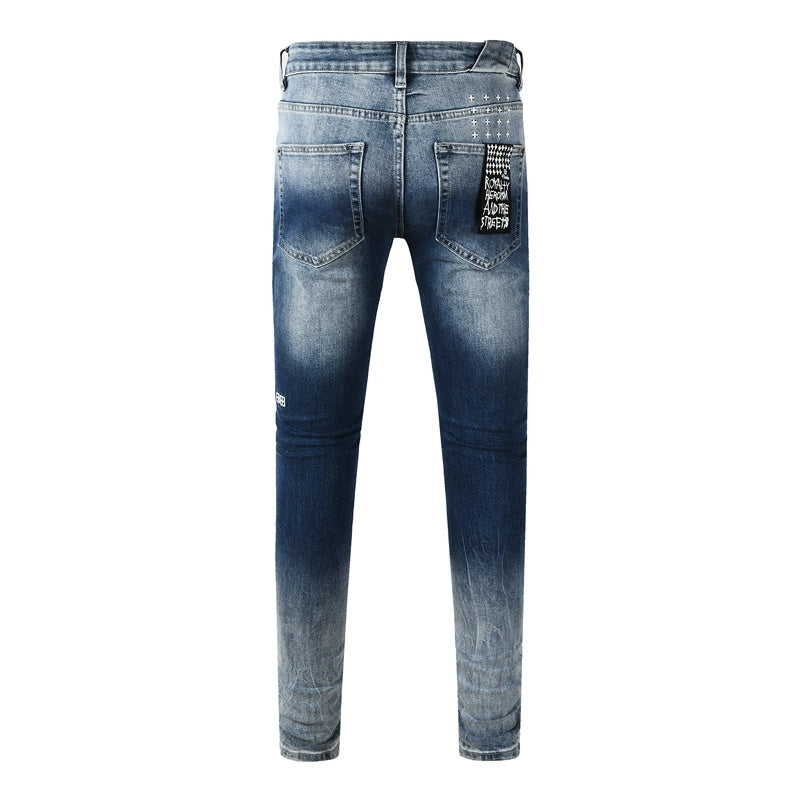 KSUBI denim dark blue lightly  distressed skinny jeans with white writing