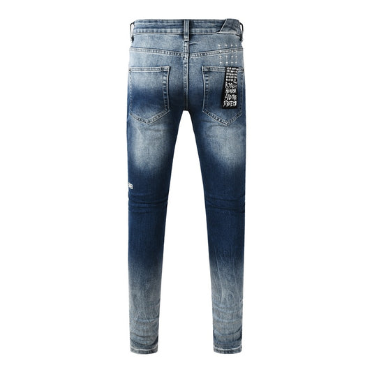 KSUBI denim dark blue lightly  distressed skinny jeans with white writing